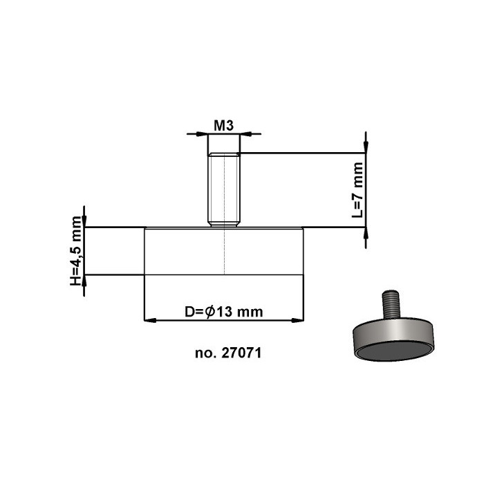 Magnetická šošovka so stopkou pr. 13 x výška 4,5 mm s vonkajším závitom M3, dlžka závitu 7 mm
