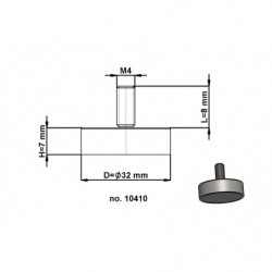 Magnetická šošovka so stopkou pr. 32 x výška 7 mm s vonkajším závitom M4, dlžka závitu 8 mm