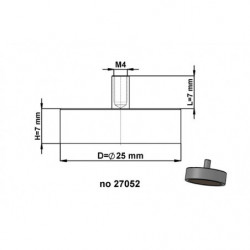 Magnetická šošovka so stopkou pr. 25 x výška 7 mm s vnútorným závitom M4, dlžka závitu 7 mm, SmCo magnet