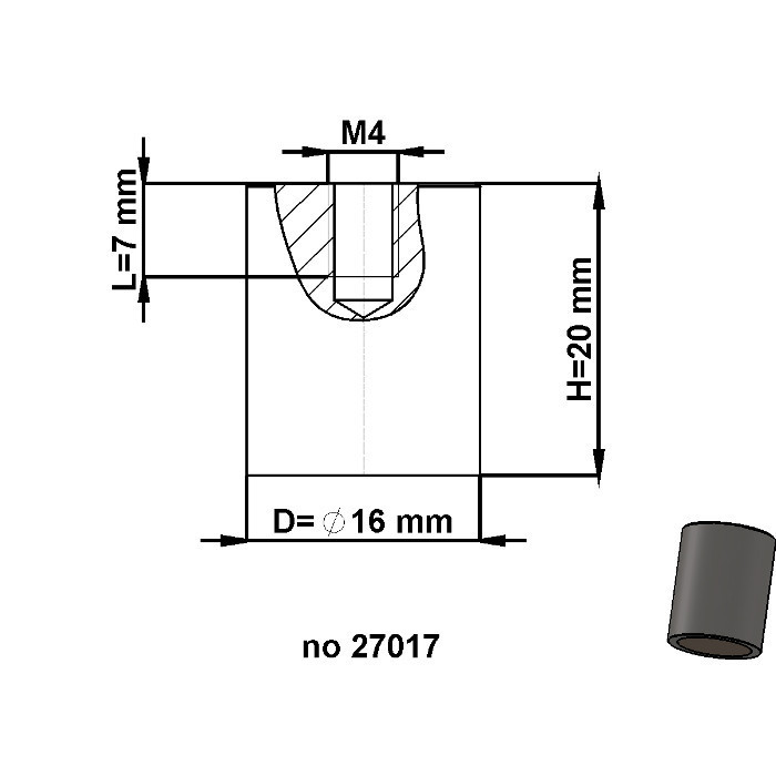 Magnetická šošovka valcová pr. 16 x výška 20 mm s vnútorným závitom M4. dĺžka závitu 7 mm