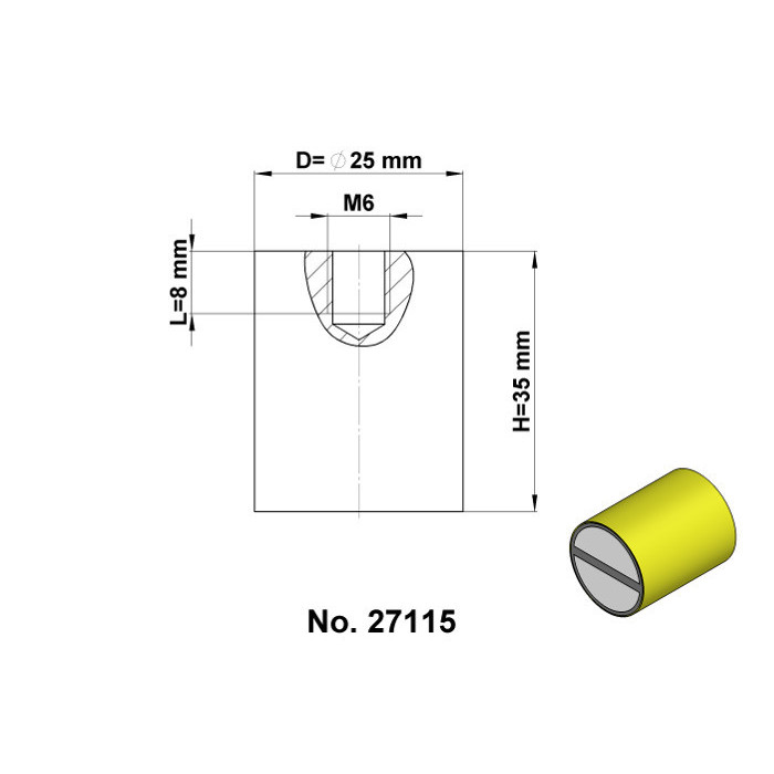 Magnetická šošovka valcová mosadzná s toleranciou h6 pr. 20 x výška 25 mm s vnútorným závitom M6, dĺžka závitu 6 mm