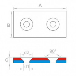 Neodymový magnet hranol s dierou pre šrób so zápustnou hlavou 40 x 20 x 4 N 80 °C, VMM4-N35
