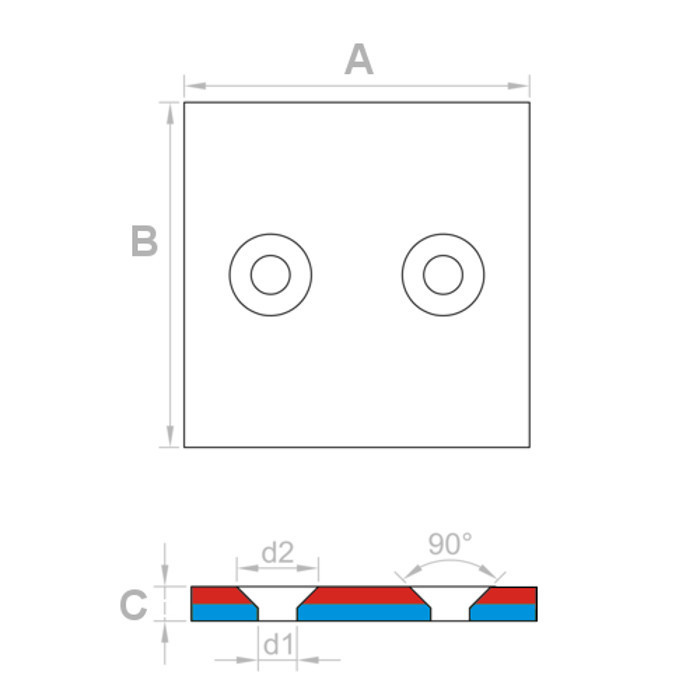 Neodymový magnet hranol s dierou pre šrób so zápustnou hlavou 40 x 40 x 4 N 80 °C, VMM4-N35
